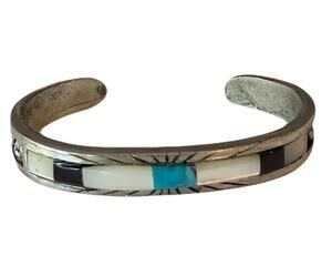 Native American Cuff Bracelet-Turquoise, Onyx, Mother of Pearl 28g
